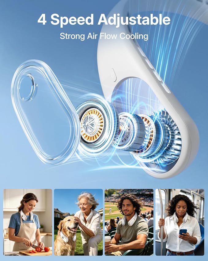 SHEWIND Portable Neck Fan - 5000mAh Rechargeable Hands-Free Wearable Fan | 4 Speeds, Bladeless & LED Display | Personal Cooling Fan for Travel, Outdoors, Camping - White - Image 3