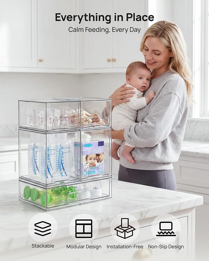 Vtopmart Stackable Storage Drawers Set of 5, Clear Plastic Organizer Bins for Baby Bottle, Beauty Supplies Storage, Ideal for Kichen Countertop, Vanity, Bathroom, Cabinet, Pantry Organization - Image 4