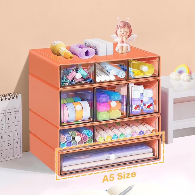 Desk Storage Organizer with 9 Drawers, 4 Tiers Stackable Desktop Craft Storage Drawers, Clear Storage Box Caddy for Stationary Makeup Jewelry Office Craft Supplies (Orange) - Image 6