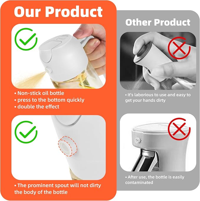 TrendPlain 16oz/470ml Glass Olive Oil Sprayer for Cooking – 2 in 1 Olive Oil Dispenser Bottle for Kitchen Gadgets and Air Fryer Accessories, Salad, BBQ - Black & White - Image 7