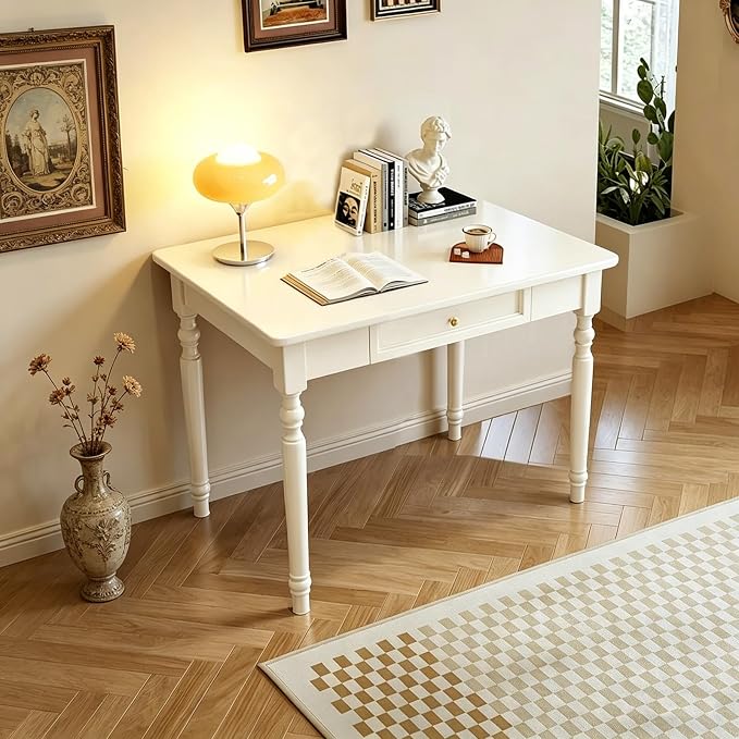 Solid Wooden Desk with Drawers, Small Writing Desk with Drawers for Computer, PC Desk for Work, Study or Gaming, Easy to Assemble (Ivory White, 31.5IN) by Unknown