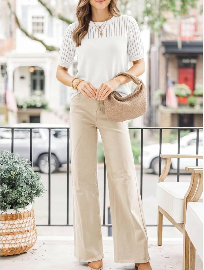 Zeagoo Women's Short Sleeve Sweater Tops 2026 Spring Summer Crew Neck Hollow Out Blouses Dressy Business Casual Outfits - Image 4