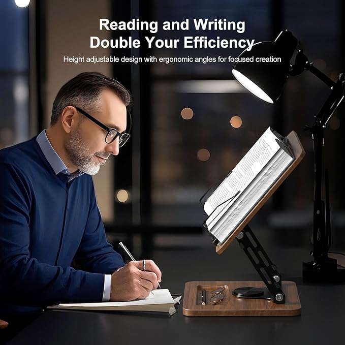 OPTIXCELL Book Stand for Reading, 360° Rotating Book Holder, Page Clips | Hands Free, Built-in Storage Tray, Adjustable Height Angle, Non-Slip, Foldable 13.3x9.4x1.9in, Fits Cookbook Tablet & Laptop - Image 3