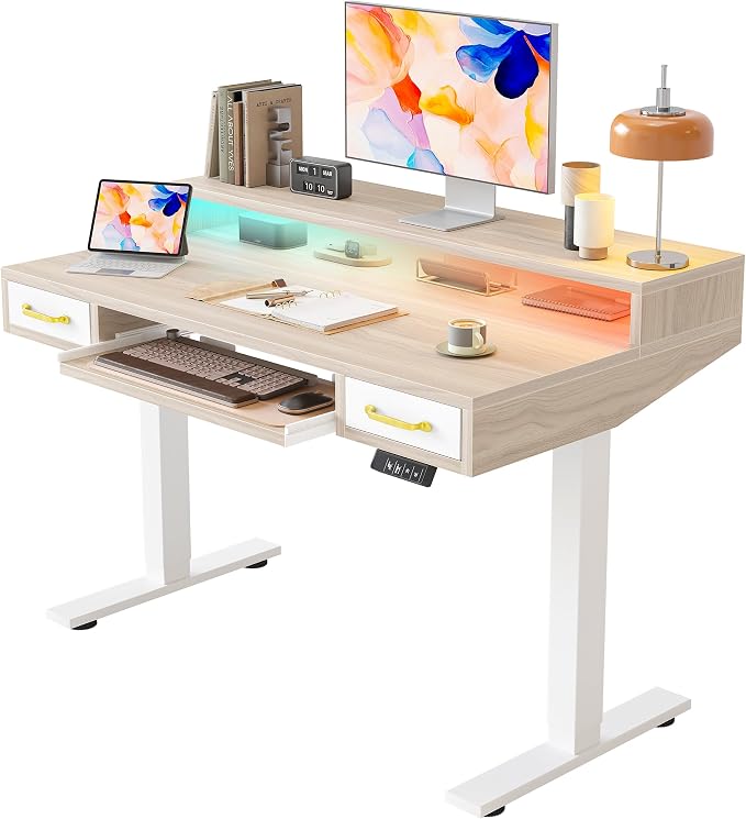 TIQLAB Standing Desk with Two Drawers, Stand Up Standing Desk Adjustable Height, Electric Sit Stand Table with Storage Shelf and Splice Board, with LED Light, 47 * 28 inch, Light Walnut by TIQLAB