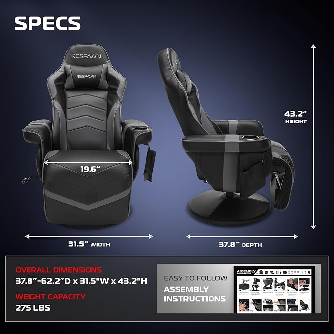 Respawn 900 Gaming Recliner Chair with Footrest, Cup Holder and Swivel | Ergonomic gaming recliner with footrest, cup holder, lumbar support, 135° recline & 360° swivel for console gaming - Image 2