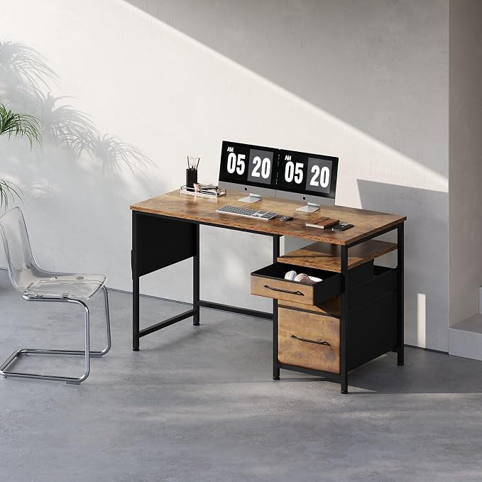 Maihail Small Desk with Drawers, Office Desk with Storage Shelves, Brown2 | 47 Inch Desktop, Metal Frame, 3 Fabric Drawers, Storage Shelves, Computer & Writing Desk, Office Gaming Workstation - Image 2
