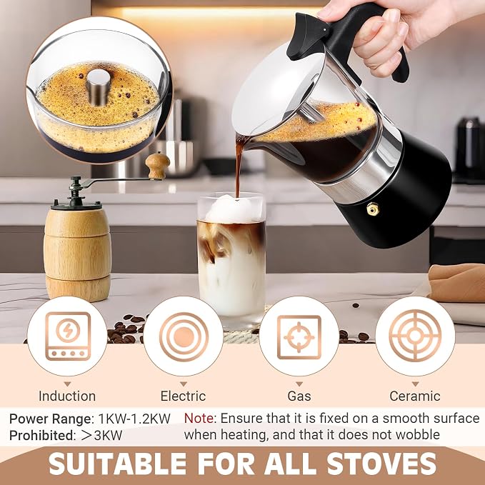 6 Cup 300ml Glass Moka Pot, Stovetop Espresso Maker, Black | Crystal Glass-top & Stainless Steel Coffee Maker, Induction Compatible, for Greca de Cafe, Cuban and Italian Coffee Brewing - Image 4