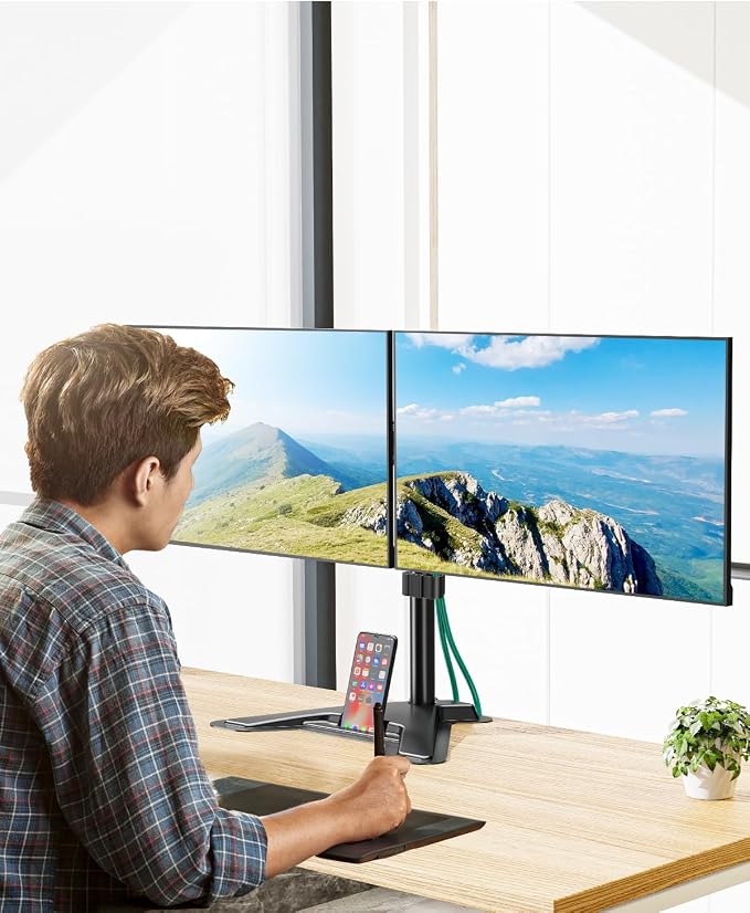MOUNT PRO Dual Monitor Stand, Free-Standing Full Motion Monitor Desk Mount Fits 2 Screens up to 27 inches,17.6lbs with Height Adjustable, Swivel, Tilt, Rotation, VESA 75x75 100x100, Black - Image 3