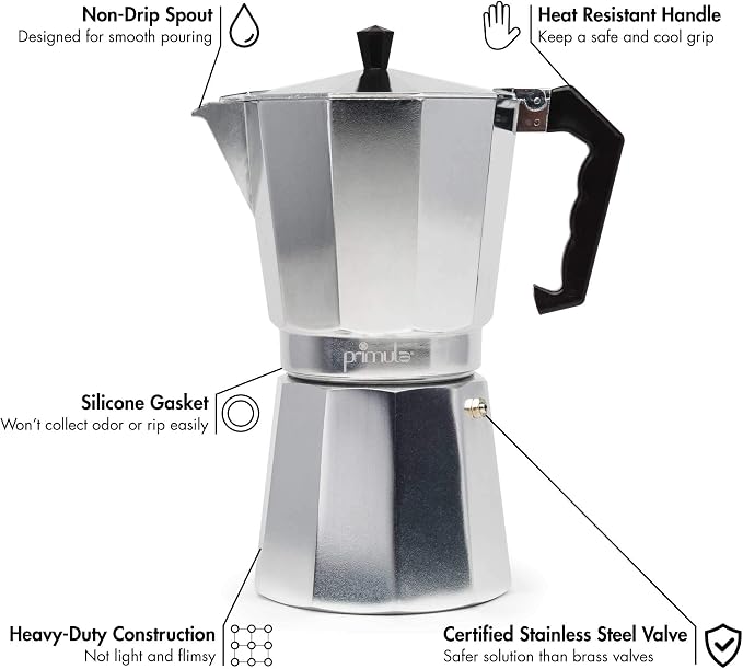 Primula Classic Stovetop Espresso and Coffee Maker, Moka Pot for Italian and Cuban Café Brewing, Greca Coffee Maker, Cafeteras, 12 Espresso Cups, Silver - Image 2