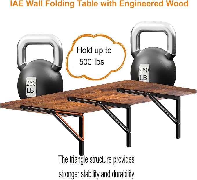 IAE 55x22in Floating Fold Desk,Wall-Mounted Folding Computer Table,Rustic | Study Table with Shelf Brackets,Foldable Down Shelf with Engineered Wood,Fold Computer Desk for Small Apartment,Holds 511 lb - Image 5
