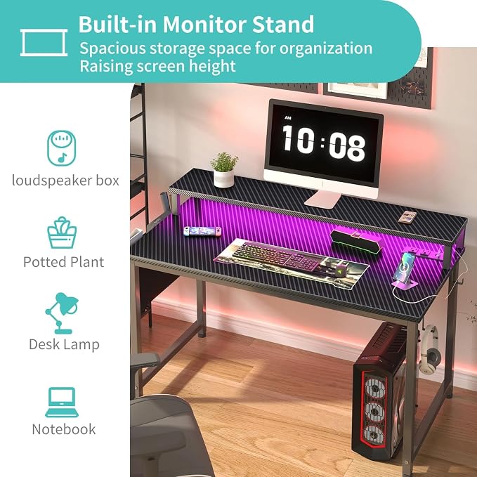 Lufeiya Gaming Desk with Power Outlets and LED Lights, 40 Inch Gamer Desk Table with Charging Station, Home Office Computer Desks with Monitor, Black - Image 5