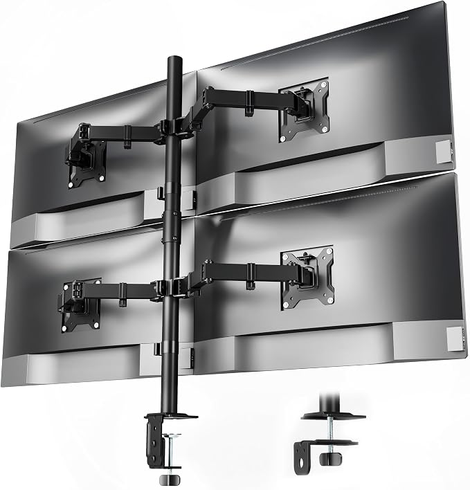 monTEK Quad Monitor Stand for Four 17-32" Screens, 22 lbs Each | Four-screen desk mount, height adjustment, tilt, swivel, rotation, clamp/grommet bases and VESA 75/100 by monTEK