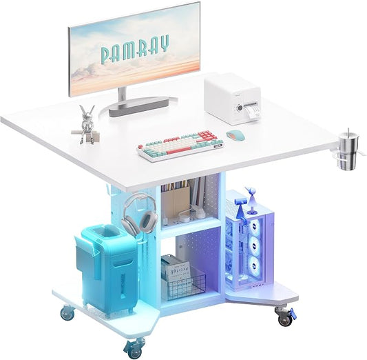 Pamray Small Gaming Desk Rolling Computer Table White | Movable, with Led Lights Power Outlets, with Storage Pegboard and Hook, Sturdy, Suitable for Study Gaming Bedroom Dorm by PAMRAY