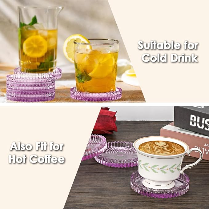 Modern Clear Coaster Set of 5- Glass Coasters for Drinks Crystal Coaster Round Cup Coasters Coffee Table Decor for Office, Kitchen, Bar, Dining Room, Living Room, Patio(Clear Purple) - Image 5