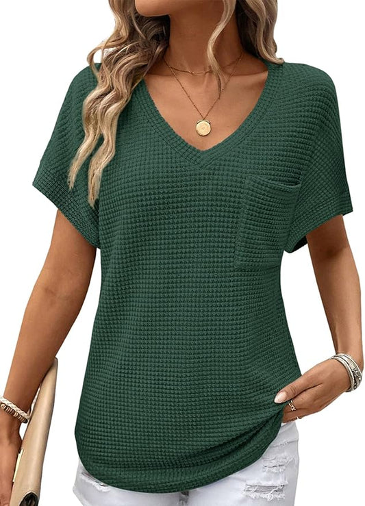 Dokotoo Womens Waffle Knit Tops 2026 Spring Summer V Neck Shirts Casual Trendy Women's Blouses Basic Tee by Dokotoo