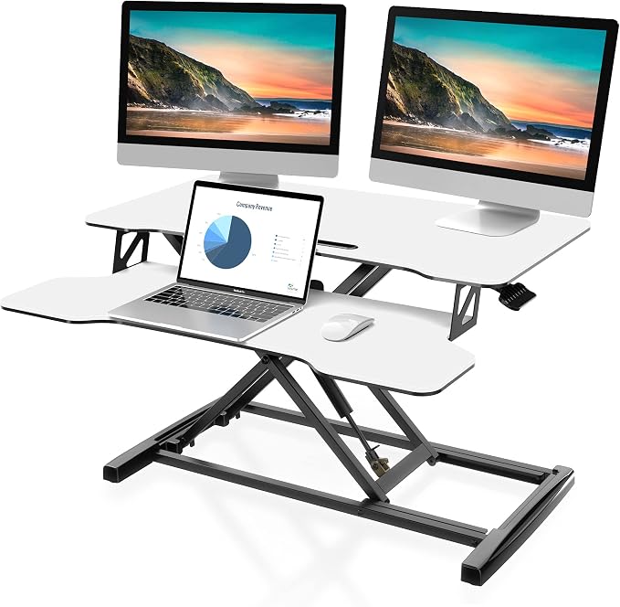 FITUEYES Height Adjustable Standing Desk 32” Wide Sit to Stand Converter Stand Up Desk Tabletop Workstation for Laptops Dual Monitor Riser White SD308003WW by FITUEYES