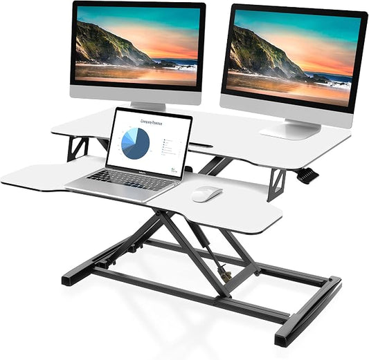 FITUEYES Height Adjustable Standing Desk 32” Wide Sit to Stand Converter Stand Up Desk Tabletop Workstation for Laptops Dual Monitor Riser White SD308003WW by FITUEYES