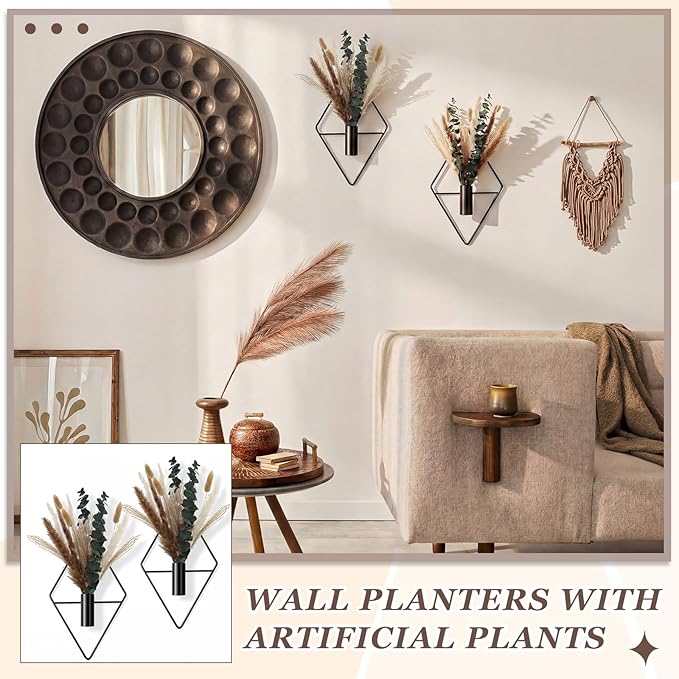 Jexine 4 Pcs Hanging Planters with Artificial Pampas Grass Metal Hanging Vase Indoor Plants Holder Modern Geometric Boho Bathroom Wall Decor for Living Room Home Office(Black) - Image 5