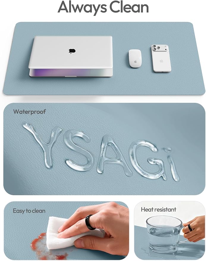 YSAGi Leather Desk Protector, Office Mat, Large Mouse Mat, Non-Slip PU Leather Blotter, Laptop Desk Mat, Waterproof Writing Pad for Office and Home(Ice Blue, 40" x 24") - Image 8
