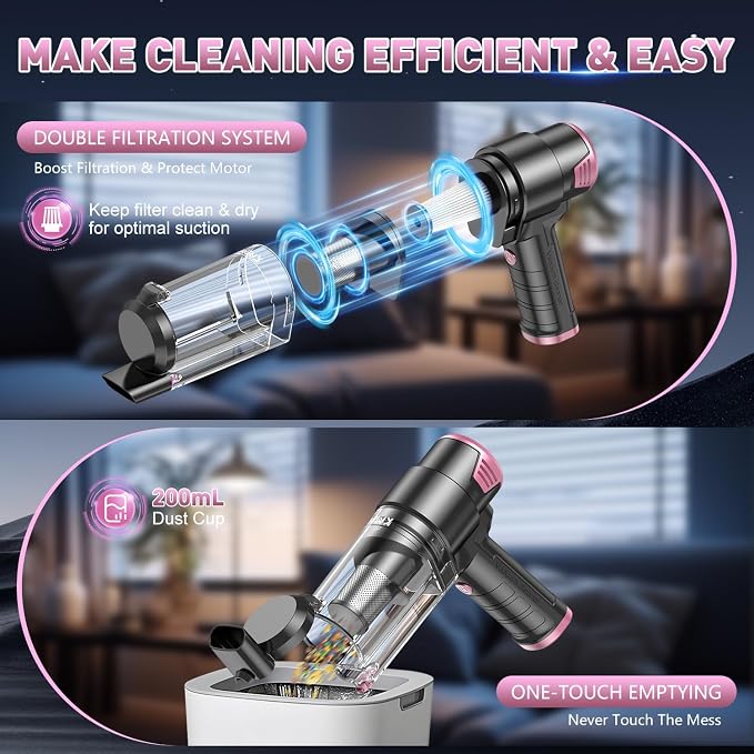 KMM Handheld Car Vacuum Cleaner, 16000PA Air Duster & Vacuum Cleaner, 120W High Power Hand Held Vacuum Cordless, Portable Vacuum Rechargeable with Multi-Nozzles & LED Light for Car, Home, Pet, Office - Image 6