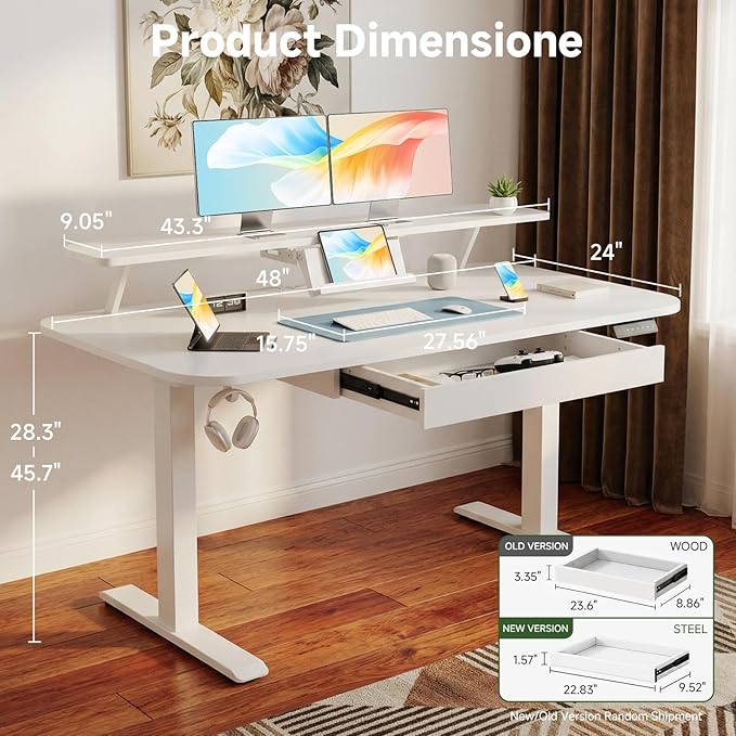 COMHOMA Electric Standing Desk with Drawers, 48 x 24'' Sit Stand up Desk with Monitor Stand, Laptop Stand, Height Adjustable Ergonomic Home Office Computer Desk with Memory Preset Controller - Image 2