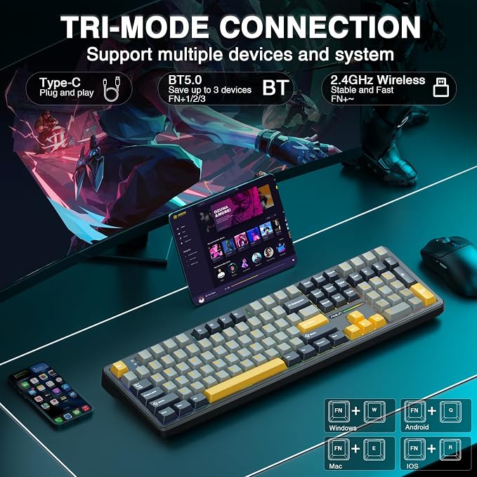 AULA F108 Wireless Mechanical Keyboard, BT5.0/USB-C/2.4GHz Hot Swappable Custom Gaming Keyboards, PBT Keycaps, Pre-lubed Switches, RGB Backlit Full Size Creamy Keyboard with Number Pad, 108 Keys - Image 3