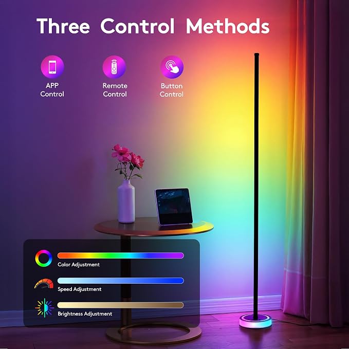 59" Smart LED Corner Floor Lamp, RGBICW Color Changing Ambient Lighting, App Control Music Sync Mood Light, Modern Dimmable Room Decor for Bedroom, Living Room, Gaming Setup, Black - Image 6