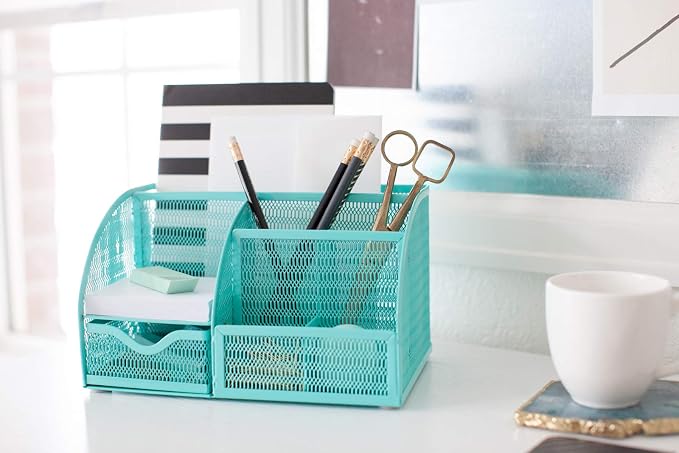 BLU MONACO Aqua Desk Organizer | Metal Turquoise Stationery Holder With Drawer and Compartments | Desktop Storage for School, Bedroom, Locker and Home | 5.5”D x 8.6”W x 5”H Accessory Caddy - Image 4