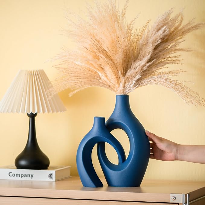 Lvases Blue Snuggle Hollow Ceramic Vase Minimalist Decorative Vases of 2 | 11 Inch Nordic Boho Decor Home Flower Vases for Living Room Coffee Table, Bookshelf Mantle & Entryway Pampas Grass Display - Image 5