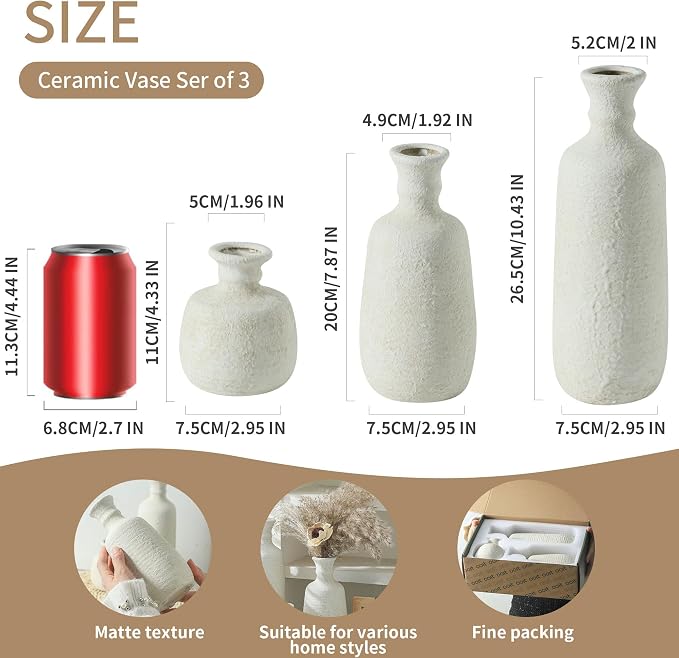 Ceramic Vase Set of 3, Neutral Rustic Vases Home Decor Farmhouse Decorative Vase Whitewashed Pottery Decor Boho Modern for Table Mantel Entryway Bookshelf Living Room Kitchen Bathroom Bedroom - White - Image 2