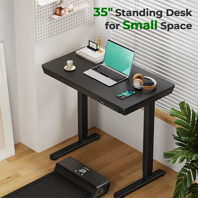 35" Electric Standing Desk with Drawer, 4 Lockable Wheels | Height Adjustable Quick Install One-Piece Tabletop with USB Charging Port, Small Sit to Stand up Desk for Home Office, Black - Image 3