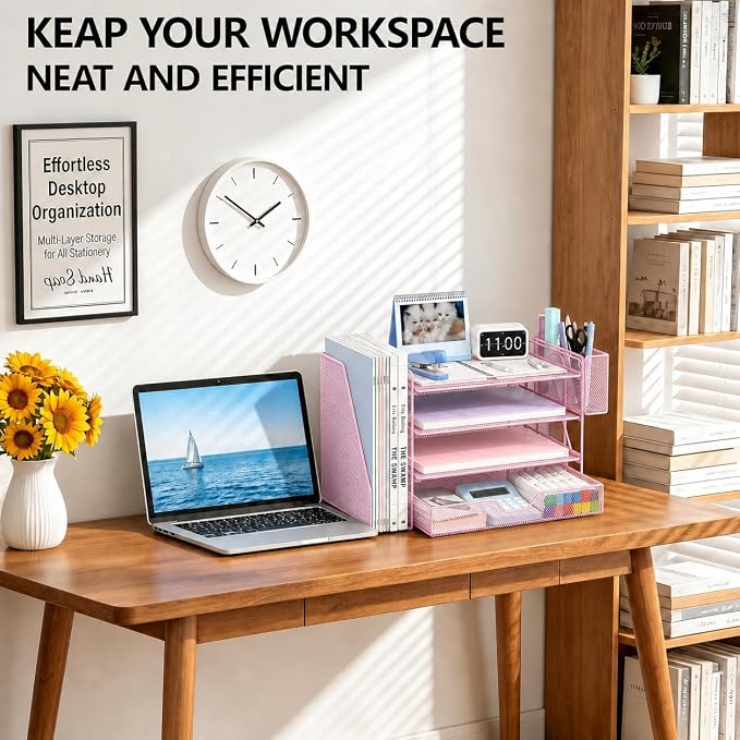 OPNICE Desk Organizers and Accessories, 4-Tier Desktop File Organizer with Drawer and Pen Holders, Office Desk Accessories Workspace Organizers for Office Supplies (Pink) - Image 5