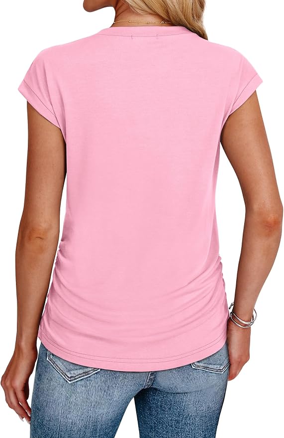 Sampeel Womens Summer Tops Trendy 2026 Ruched Cap Short Sleeve Tshirts Shirts Crew Neck T Shirts Fashion - Image 5