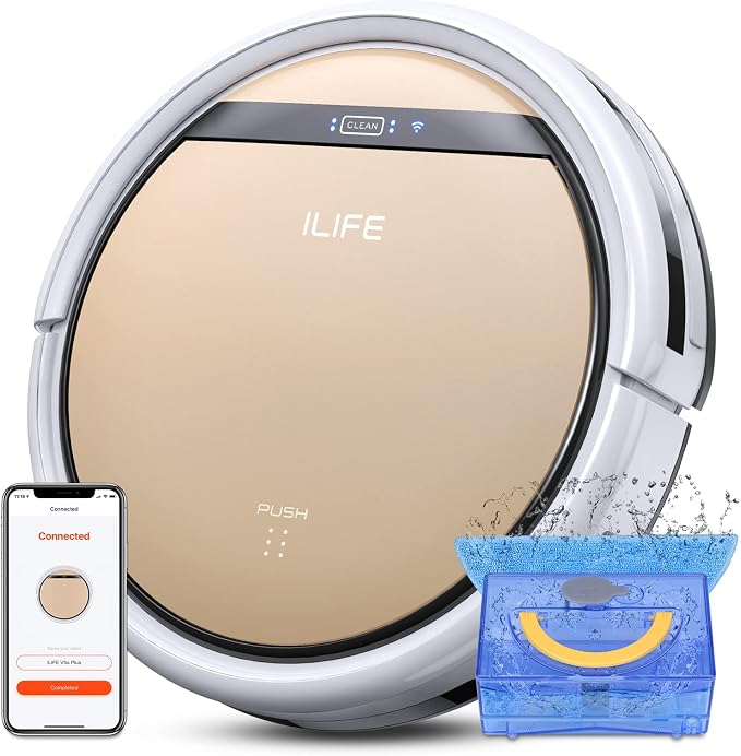 ILIFE V5s Plus Robot Vacuum and Mop Combo with Wi-Fi/App/Alexa, Automatic Self-Charging Robotic Vacuum Cleaner, Slim and Quiet, Cleans Hard Floors Carpets and Pet Hair (V5s Pro Upgrade Version) | Remote, App & Voice Control, Automatic Self-Charging, Sl... by ILIFE