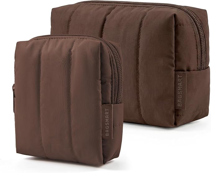 BAGSMART Puffy Travel Makeup Bag Duo Large & Small for Women, Chocolate | Puffy Padded, Travel Cosmetic Organizer with Slip-in Pockets, Large Toiletry Bag & Small Purse Pouch, Travel Essentials by BAGSMART