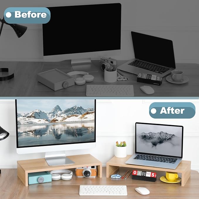 TEAMIX 2 Pack Monitor Stand Riser-20 inch, Wooden Desktop Riser for TV/PC/Laptop/Printer, Cozy Monitor Riser with Storage, Computer Stand Space-Saving - Image 7