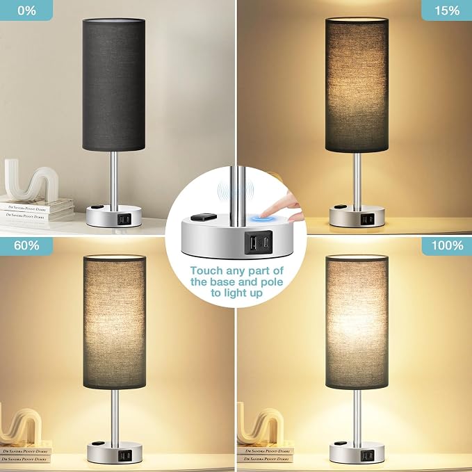 Black Bedroom Table Lamp for Bedside - 3 Way Dimmable Touch Lamp USB C A Charging Ports and AC Outlet, Small Desk Lamp for Nightstand for Living Room with Silver Base, Office Desk, LED Bulb Included - Image 2