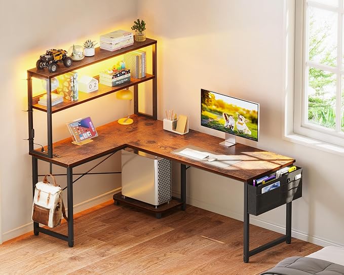 ODK 53" L Shaped Gaming Desk with Shelves, LED & Outlets, Vintage | Headset hook. Storage bag. Shelves for stationery & accessories. LED for late-night gaming. Reversible. Fits dual monitors. - Image 7