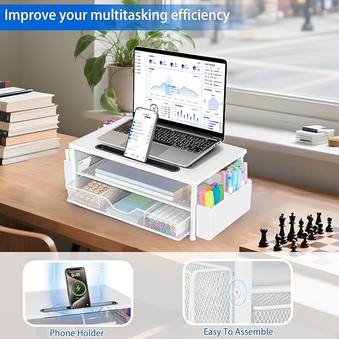 AUPSEN White Monitor Stand Riser, 2-Tier Wood Computer Desk Organizer with Drawer, Pen Storage & Phone Holder, Office Desk Accessories Desktop Organizer for Office Supplies - Image 3