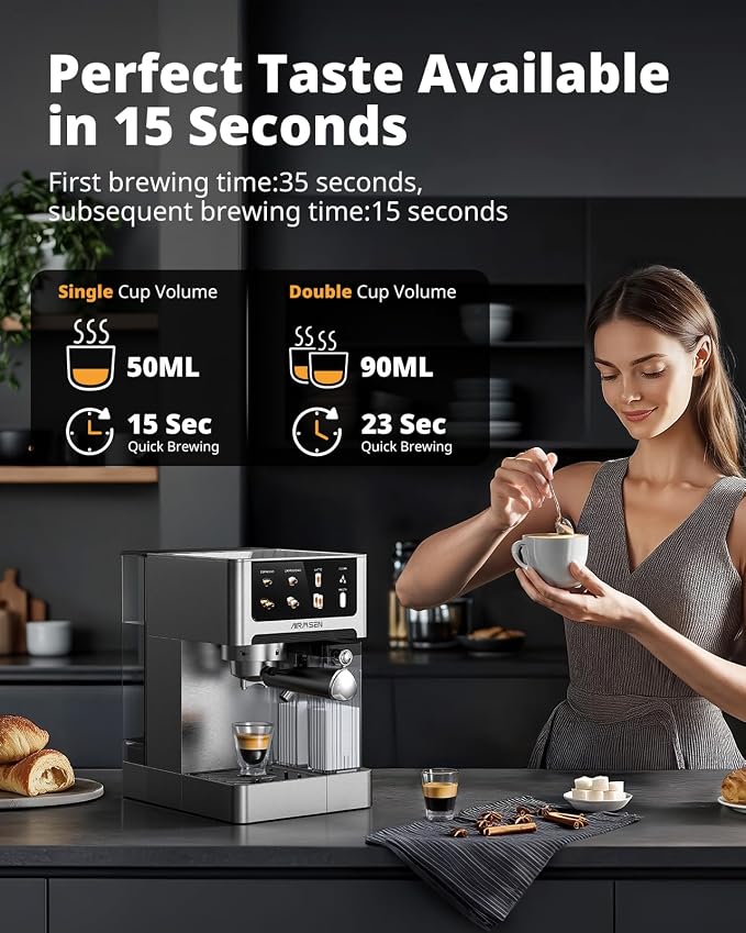 AIRMSEN 20 Bar Espresso Machine with Automatic Milk Frother, Cappuccino & Latte Coffee Maker with Quick Brew Dual Boiler (1350W + 1000W), Stainless Steel, 60oz Water Tank, Touchscreen - Image 3