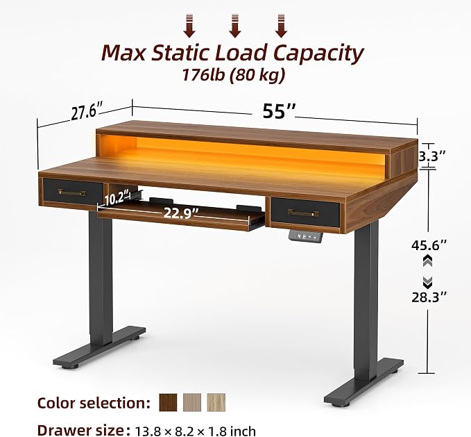 TIQLAB Standing Desk with Two Drawers, Stand Up Standing Desk Adjustable Height, Electric Sit Stand Table with Storage Shelf and Splice Board, with LED Light, 55 * 28 inch, Black Walnut - Image 3