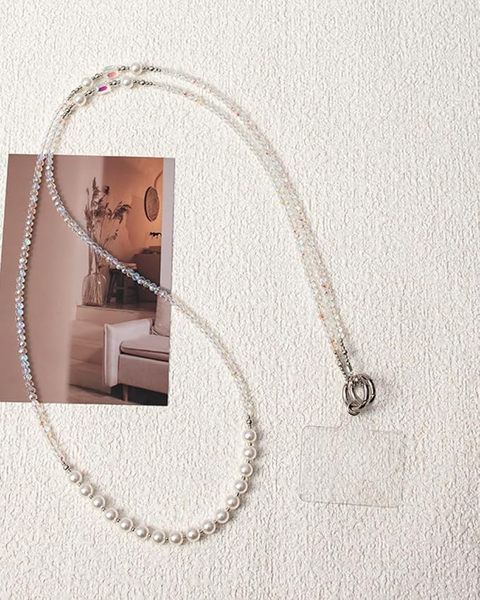 Phone Chain Crossbody Pearl Strap,Pearl Beaded Chain Shoulder Crossbody Lanyard with Phone Tether Patches Compatible with Most Phones Bag Purse - Image 6