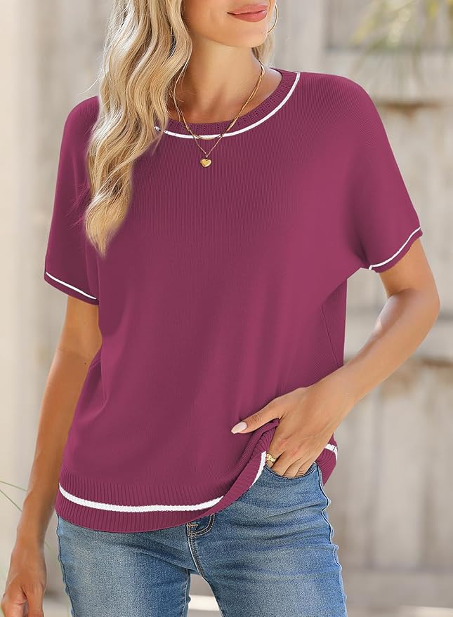 SHEWIN Womens Tops Trendy Short Sleeve Shirts Crewneck Lightweight Knit Sweater Top Business Casual Outfits - Image 2