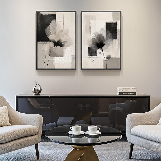Framed Neutral Abstract Floral Wall Art, 2 Piece Black and Beige Minimalist Canvas Prints Paintings Artwork for Walls, Modern Elegant Pictures for Living Room Dining Room Bedroom Wall Decor 20x30 In - Image 4