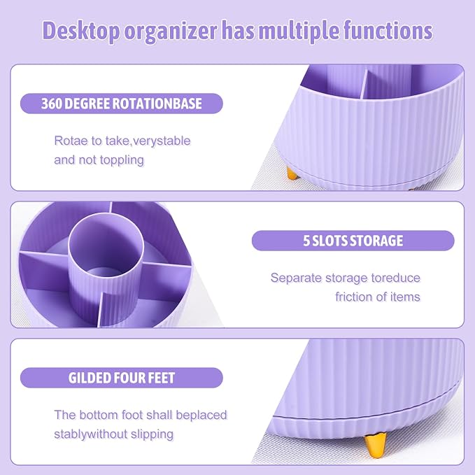 Gawsey Purple Desk Organizers and Accessories with Desk Organizer 360° Rotating Pen Holder and Office Supplies, Cute Stationery Supplies Set - Image 5