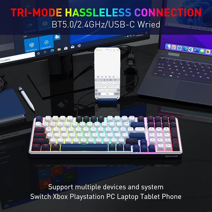Redragon K744 PRO 99 Keys Wireless Gasket RGB Gaming Keyboard, 3-Mode Mechanical Keyboard w/Hot-Swap Socket, Round PBT Keycaps & 5-Layer Noise Dampening, Custom Linear Switch - Image 2