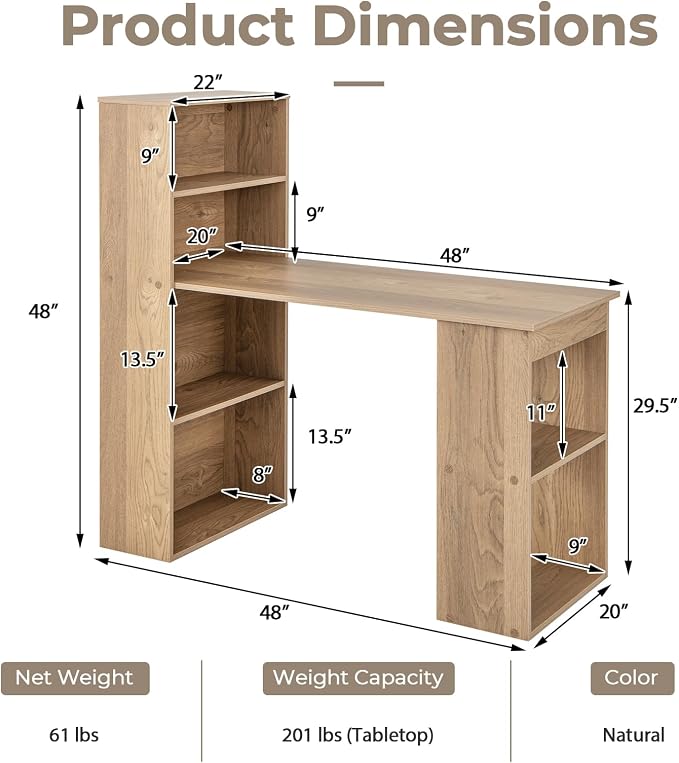 Giantex 48 Inch Computer Desk with Bookshelf, 3-in-1 Home Office Desk with 4-Tier Bookcase & CPU Stand, Space-Saving Reversible Writing Desk Work Table for Bedroom, Study Room, Office (Natural) - Image 3