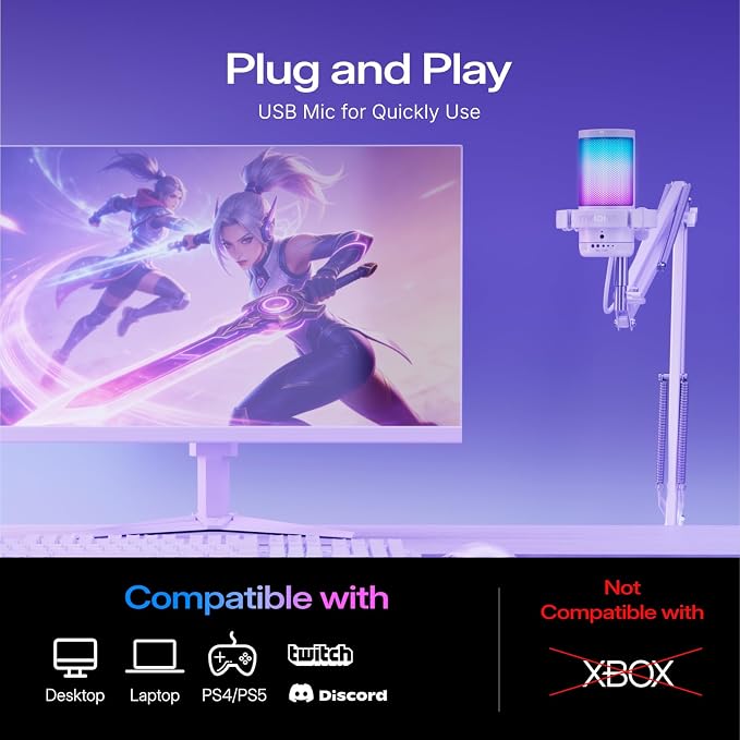 MAONO DGM20S USB Microphone for PC with Clear Voice & Noise Reduction | RGB Lighting, Tap-to-Mute, Gain Control, Monitoring and Boom Arm for Discord Gaming, Streaming, Content Creation.White - Image 7