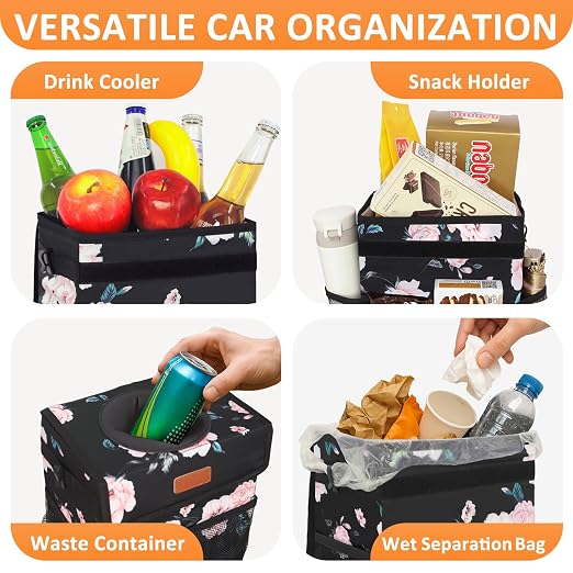 Vankor 4.2 Gallons Car Trash Can with Lid, Bag Bin Hanging Waterproof Automotive Car Garbage Cans Leak Proof Vehicle Trash Can for Truck SUV,Black Floral - Image 6