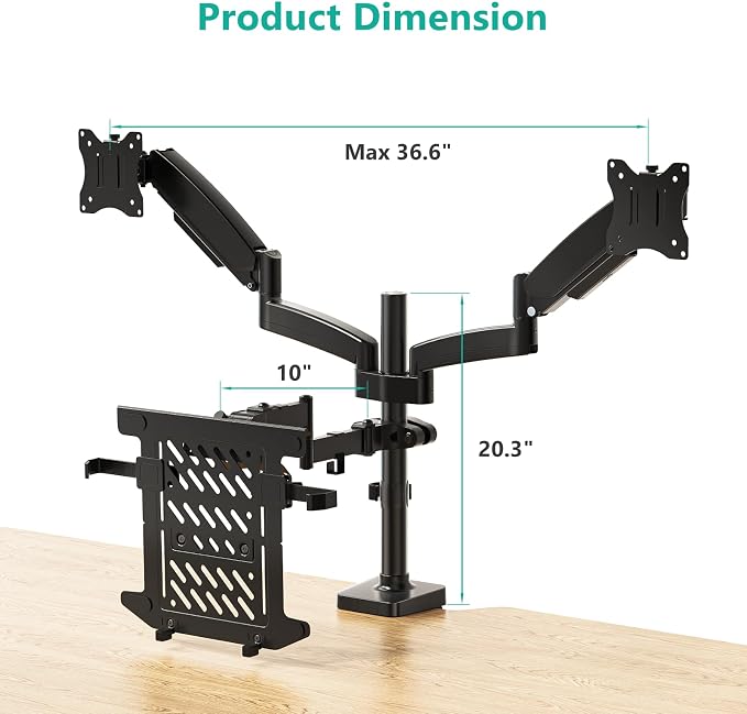 WALI Triple Arm Laptop and Dual Monitor Desk Mount for 17" Notebook and Up to 32" Screens, Adjustable Monitor Arms with Tilt Swivel Rotation, VESA 75x75 100x100, Black (GSDM003LP) - Image 4